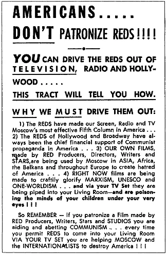 Typical U.S. anticommunist literature of the 1950s, specifically addressing the entertainment industry.