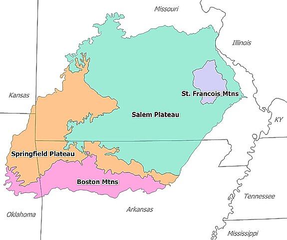 Overview of physiographic sections of the Ozarks