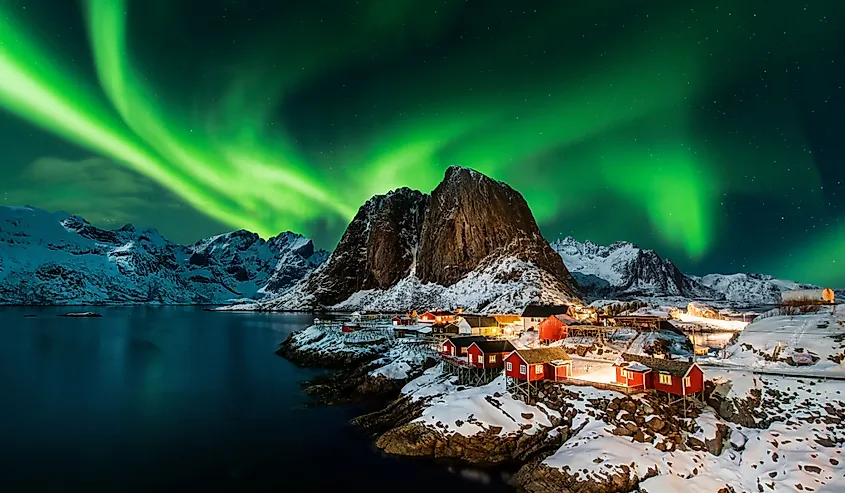 Aurora borealis over Hamnoy in Norway.