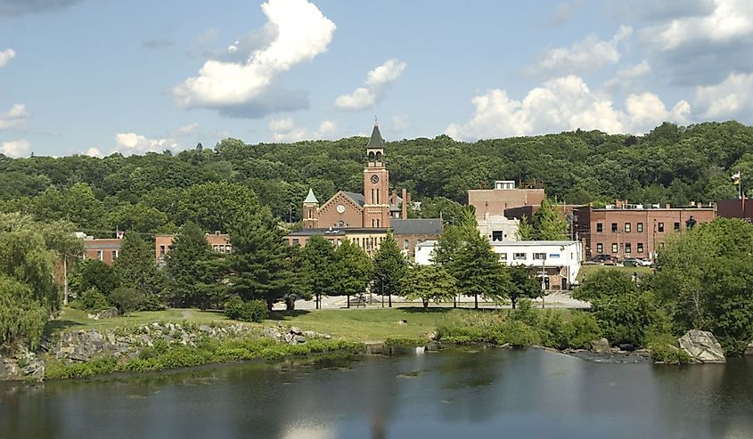 View of Putnam, Connecticut with church and river
