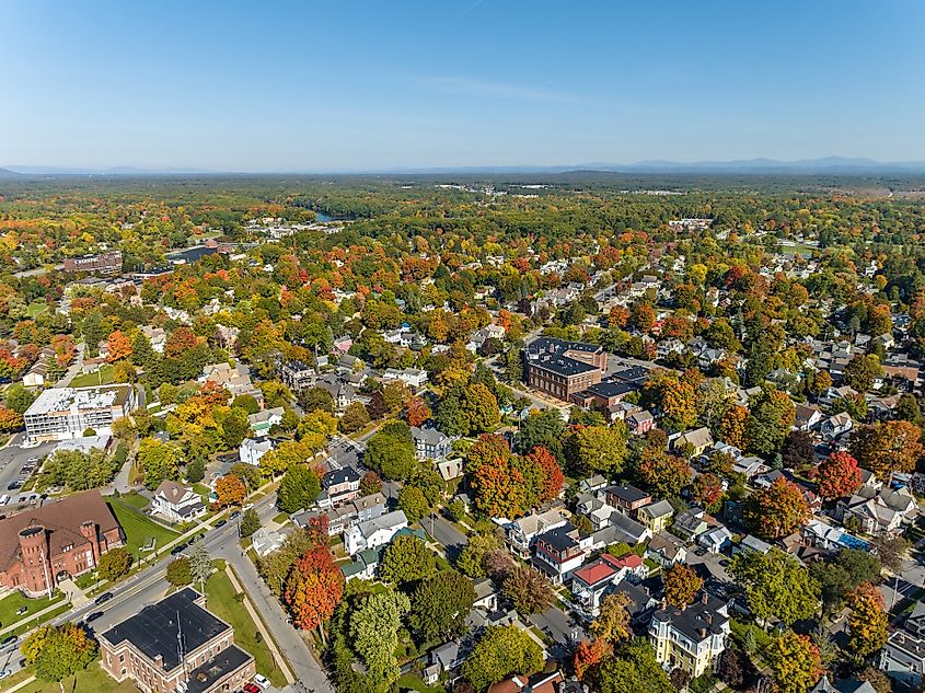 Aerial view of Saratoga Springs in autumn.