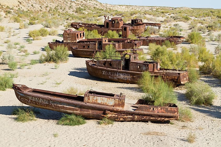Ship graveyard in the dried up bed of the Aral Sea in Uzbekistan.