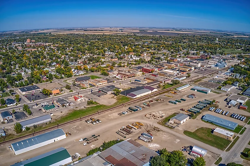 Aerial View of Downtown Wahpeton, North Dakota in Summer.