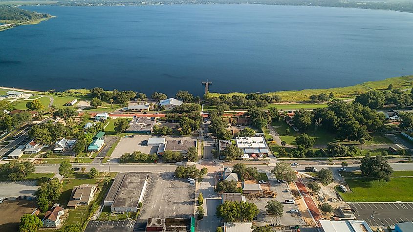 Bird's eye view over historic downtown Clermont, Florida.