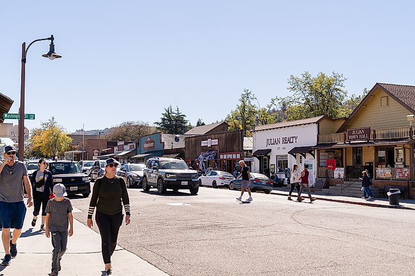 View of the shops located along the main road in Julian, CA.