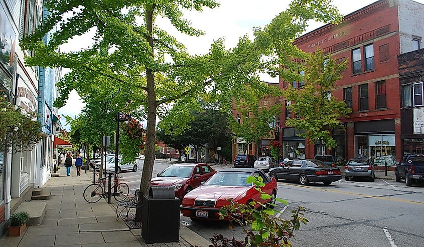 Downtown street in Oberlin, Ohio.