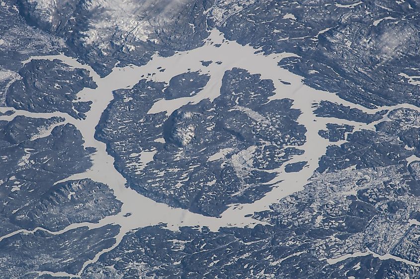 Aerial image of René-Levasseur Island and Lake Manicouagan in the winter