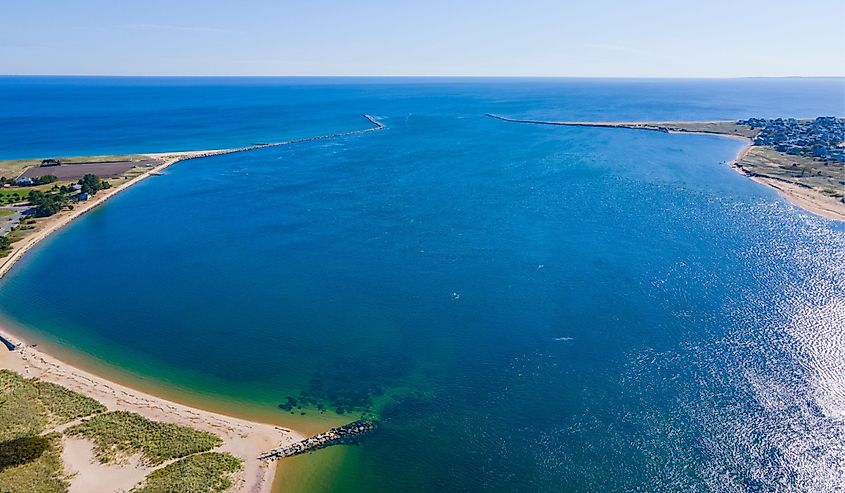 The mouth of the Merrimack River where it meets the Atlantic Ocean in Massachusetts