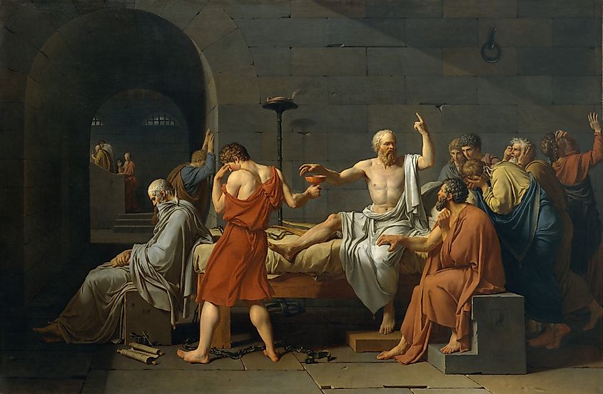 The Death of Socrates, by Jacques Louis David, 1787: Greek Classical philosopher Socrates about to drink poison hemlock