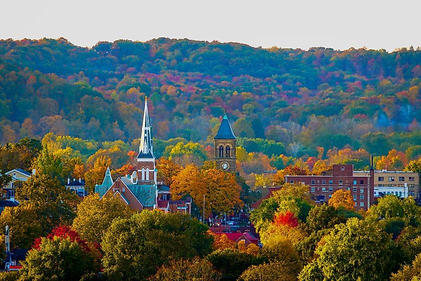 Lancaster, Ohio, church and fall foliage.