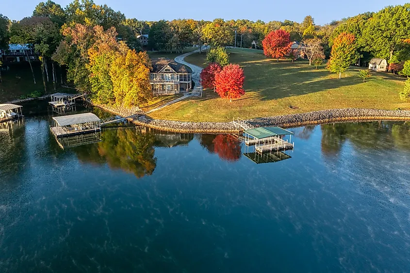 Aerial view of lake homes and boat houses on beautiful Tims Ford Lake in Winchester, Tennessee.
