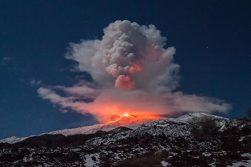 Mount Etna in Sicily during a minor eruption.