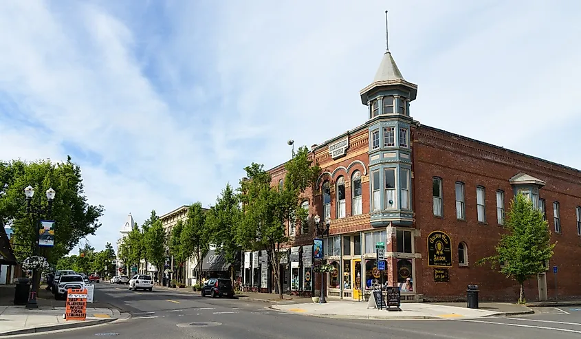 Corner of JS Cooper Block building in downtown Independence, Oregon.