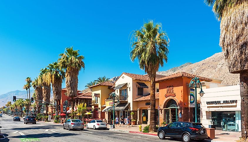 A street with shops in downtown Palm Springs, California.