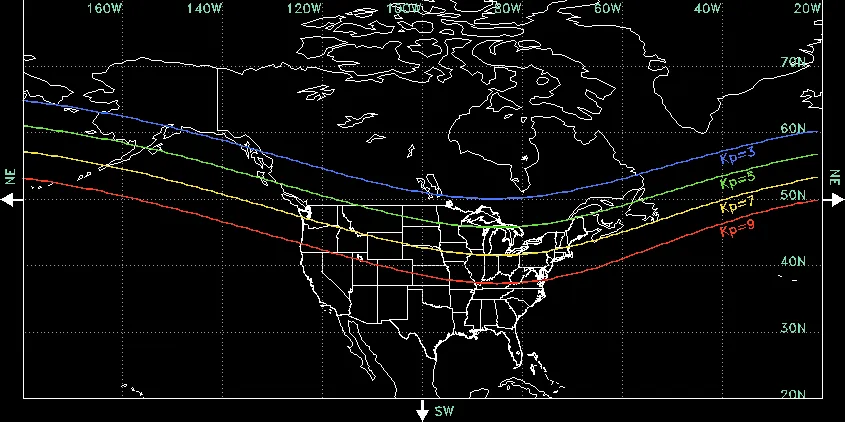 This map shows how far toward the equator the aurora usually reaches around midnight at different activity levels. On the Kp scale, Kp 3 means low activity and Kp 9 means very high.