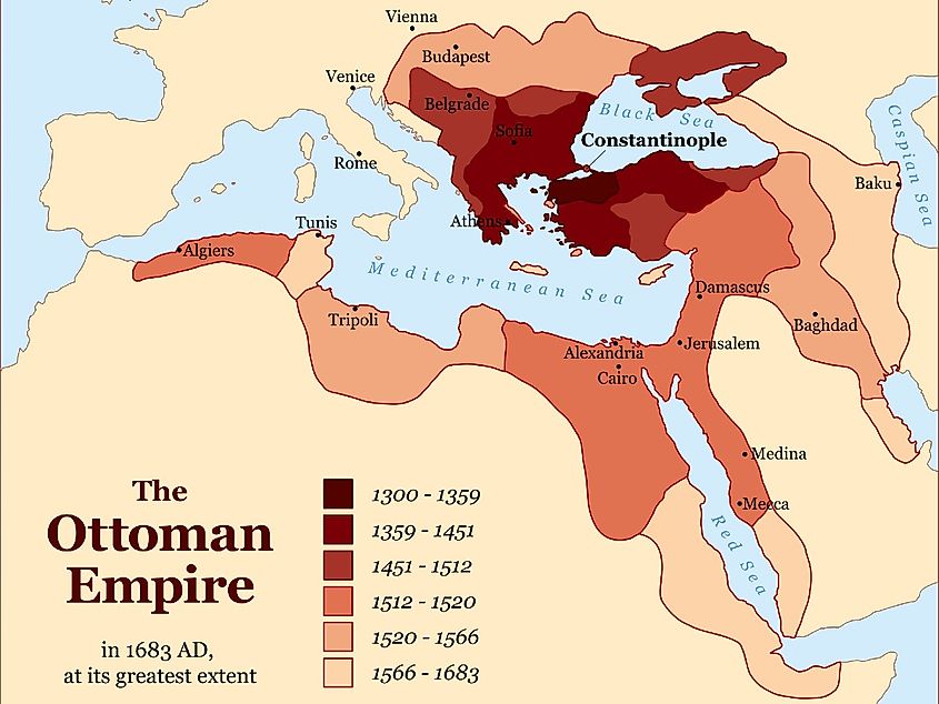 Turkish history, the Ottoman Empire at its greatest extent in 1683 - overview map of its territory expansion and military acquisition in Europe, Asia and Africa