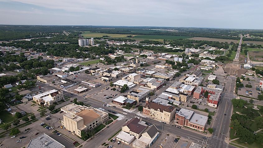 Aerial view of the cityscape of Downtown Junction City, Kansas.