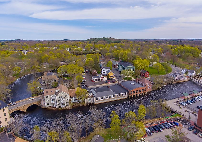 Ipswich Bridge over Ipswich River aerial view on Central Street in spring at town center of Ipswich, Massachusetts.