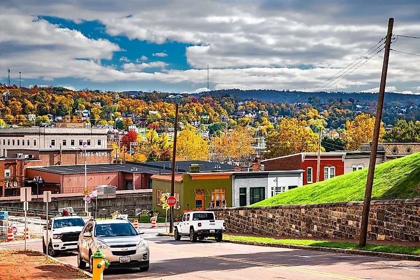 A scenic view from a hill overlooking the historic town of Cumberland, Maryland.