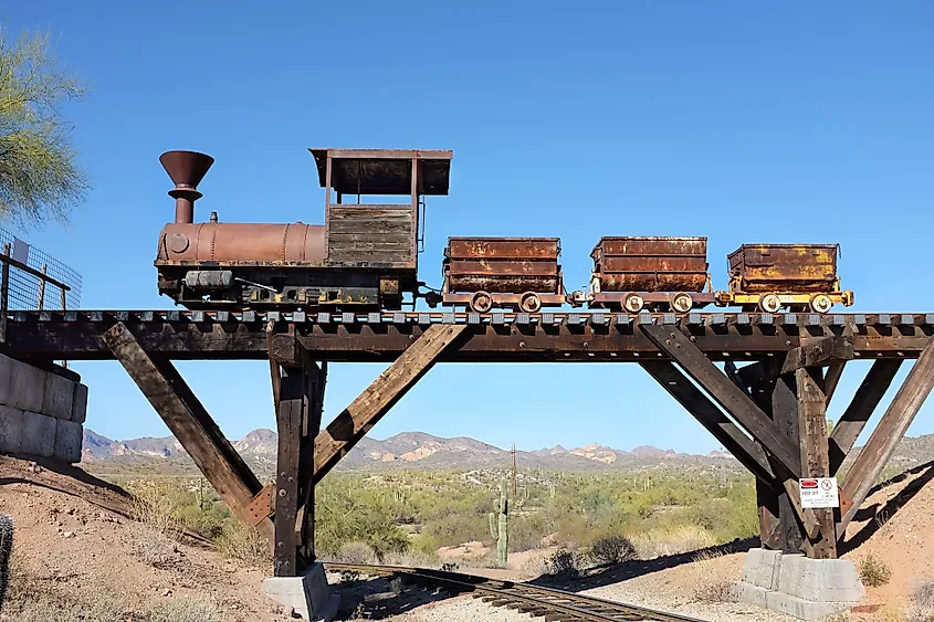 Ore Cars on trestle at the Goldfield Ghost Town, in Apache Junction, Arizona.