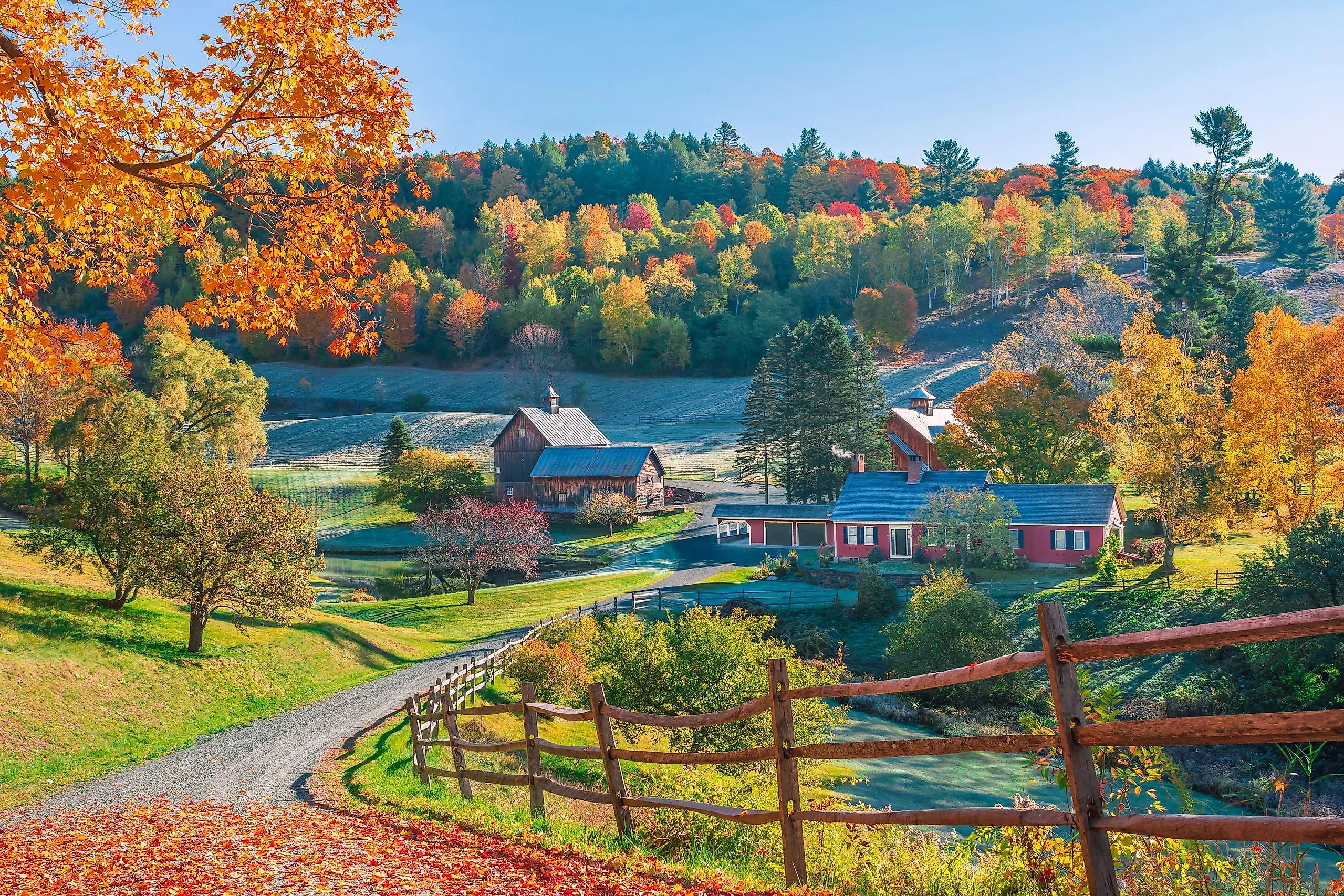 Early Autumn Foliage Scene of Houses in Woodstock, Vermont.